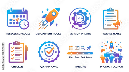 A vector set of modern icons illustrates a product launch timeline with checklist, QA approval, and deployment rocket in a business setting for technology and industry.