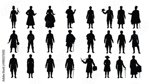 A collection of twenty four silhouetted figures depicting people from the victorian era standing in various poses