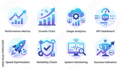 Vector set of business analytics icons depicting performance metrics and growth charts with usage analytics and KPI dashboards for speed optimization and reliability checks.