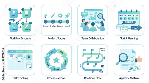 Business process management vector set for workflow diagrams and strategic planning tools.