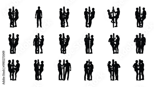 A collection of black silhouettes depicting people standing in pairs facing different directions high quality professional