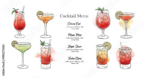 Cocktail menu, drink icons, mixed drinks, beverage set, 8 glasses