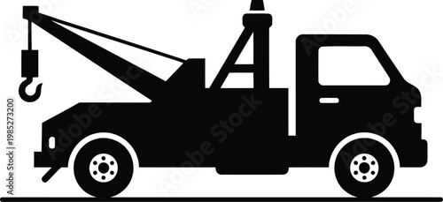 Tow truck silhouette, vector illustration of recovery vehicle, hook and crane