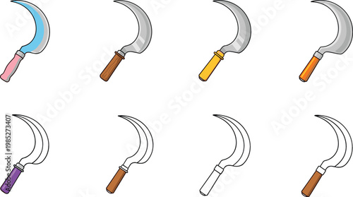 Curved Sickle Tool Collection with Agricultural Harvest Blades and Wooden Handles Isolated Vector Design Set