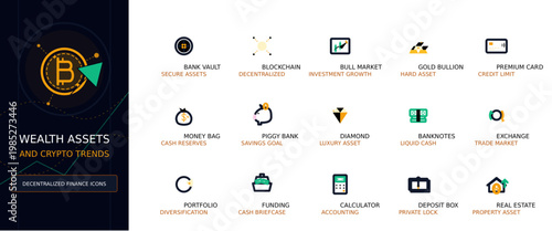 Wealth Assets and Decentralized Finance Vector Icon Set, Minimalist Outline UI Elements for Crypto Trends
