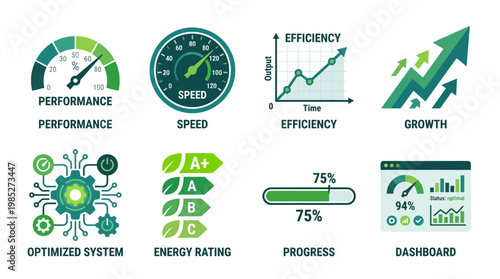 Business vector set showcasing performance metrics and growth indicators on a dashboard with optimized system and progress charts