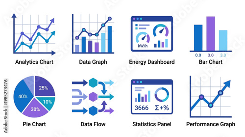 The vector set includes various business infographic elements like charts and graphs on a screen.