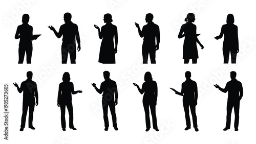 A collection of silhouette figures depicting diverse people in various conversational poses and gestures high quality