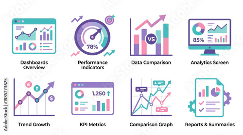 Infographic vector set illustrating business analytics dashboard with various charts and graphs on screens and documents.