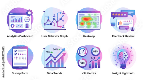 A vibrant vector set of infographic elements illustrating business analytics tools and data visualization icons for a professional dashboard.