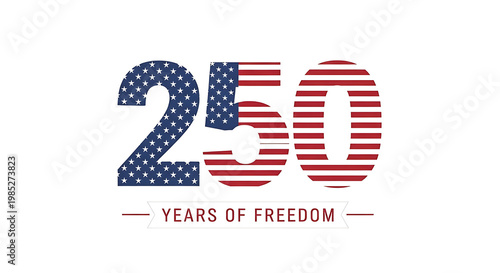 USA 250 Years of Freedom Semiquincentennial Celebration Graphic with American Flag Pattern on White Background