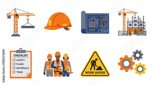 A vector set of construction icons depicts workers, cranes, and buildings for industry projects.