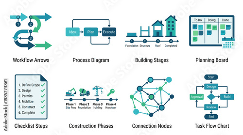 Vector set of business process diagrams and workflow illustrations showcasing planning stages and task management