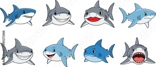 Cute Shark Cartoon Collection with Funny Ocean Predator Characters in Different Expressions Isolated Vector Design Set