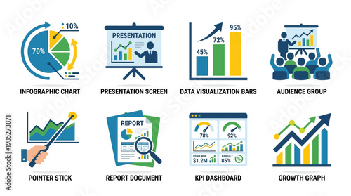 A vector set of business presentation icons featuring infographic charts and data visualization bars for a professional audience in a corporate setting with a report document and growth graph.