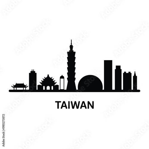 Taipei skyline silhouette with iconic landmarks and the country name