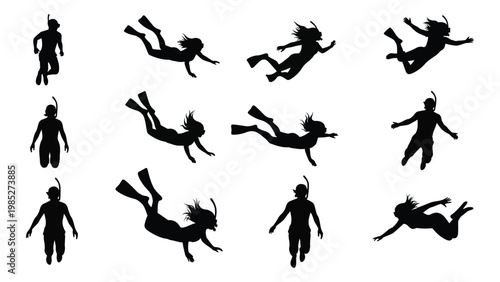 Silhouettes of people snorkeling and diving in various poses against a white background high quality professional