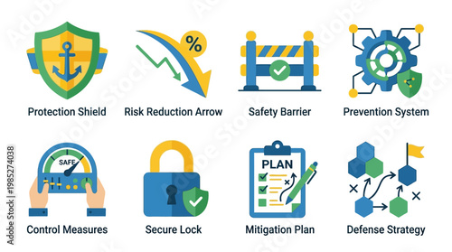 A comprehensive vector set of security icons illustrating various risk management and protection concepts.