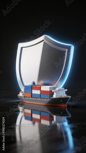 Cargo ship with shield icon symbolizing maritime security and protection on reflective surface