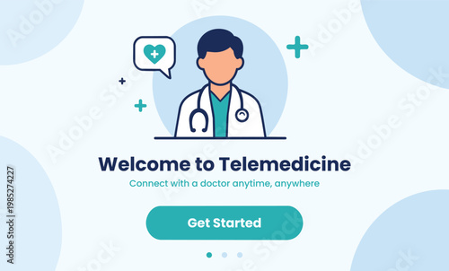 Bild auf Leinwand Telemedicine welcome screen healthcare mobile app onboarding UI flat vector illustration