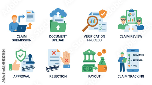 Vector set of insurance claim process icons showing submission, verification, review, approval, and payout stages.