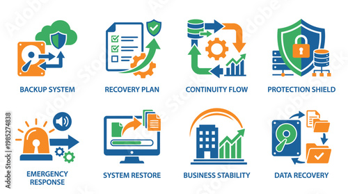 A vector set illustrating business icons for data recovery and protection, depicting a shield, gear, and computer monitor with various business stability and emergency response symbols nearby.