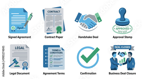 Business vector set illustrating a handshake deal with contract paper and approval stamp for agreement forms.