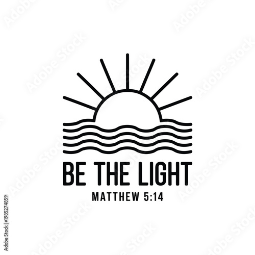 Minimalist sun and waves illustration with inspirational text and bible verse