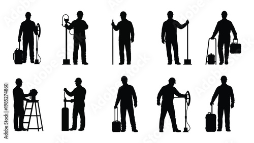 A collection of black silhouette figures depicting various professions including repair work and travel high quality