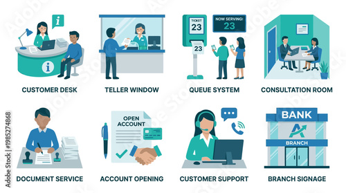 A vector set of various banking icons depicting customer service and operations in a modern bank branch environment with people.