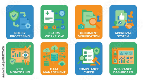 A comprehensive vector set of eight icons representing various aspects of insurance operations, including policy processing, claims workflow, and data management, in a modern digital environment.