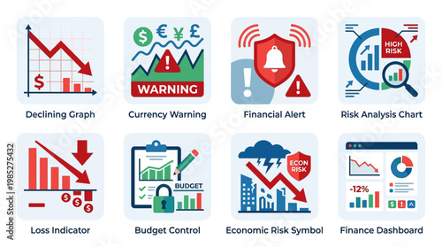 A comprehensive vector set of business risk icons depicting financial alerts and economic warning signs.
