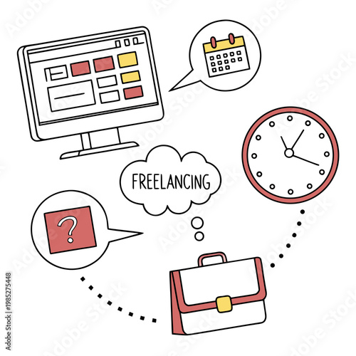 Freelancing concept with computer calendar clock and briefcase