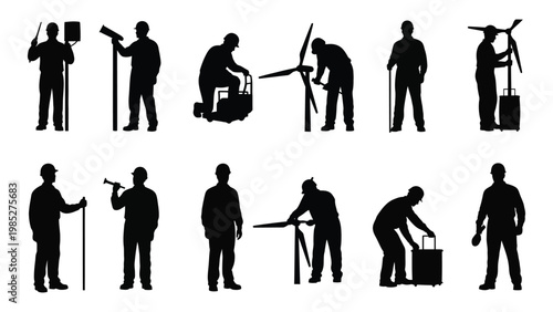 Silhouettes of workers maintaining and inspecting various wind turbine components and tools high quality professional detailed