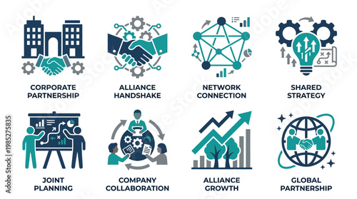 Business vector set illustrates corporate partnership and alliance growth through network connection and shared strategy.