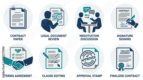 Business professionals engaged in contract negotiation and signing a finalized agreement using a vector set of legal documents and approval stamps.
