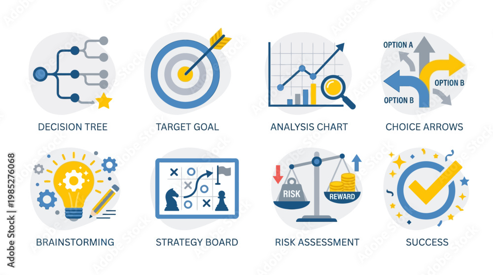 Fototapeta premium Vector set of business strategy icons including decision tree, target goal, analysis chart, choice arrows, brainstorming, strategy board, risk assessment, and success symbols.