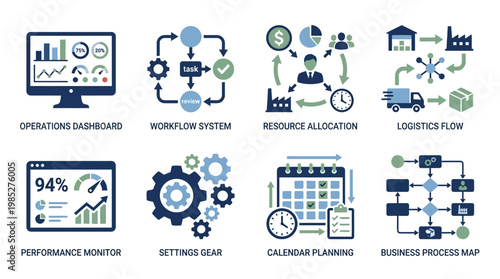 Business process management vector set for workflow optimization and performance monitoring with operating dashboard and logistics planning