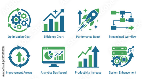 A vector set of business icons depicting optimization gear, efficiency charts, and performance boosts for productivity increase and system enhancement in a streamlined workflow.