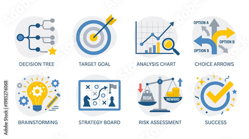 Vector set of business strategy icons including decision tree, target goal, analysis chart, choice arrows, brainstorming, strategy board, risk assessment, and success symbols.