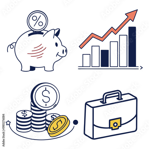 Black and orange for finance and business on white background piggy bank graph briefcase