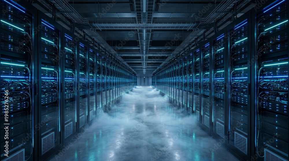 Fototapeta premium Futuristic Server Room Interior with Blue LED Lit Racks — Symmetrical Data Center Corridor, 8K Commercial