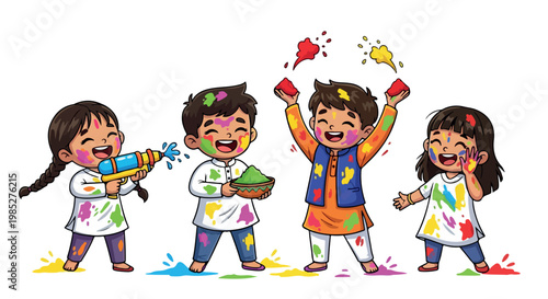 Four diverse children playfully celebrating Holi with colorful powders and water guns against a clean white background with a joyful and vibrant mood.