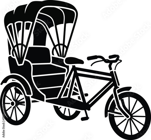 black and white illustration of a rickshaw with a bicycle