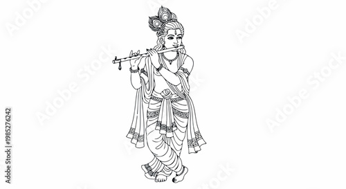 Black and white line drawing of a Hindu deity playing a flute in traditional attire against a plain white background.