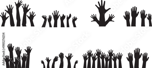 Black silhouettes of raised hands from a crowd of people isolated on white background, vector illustration for design projects