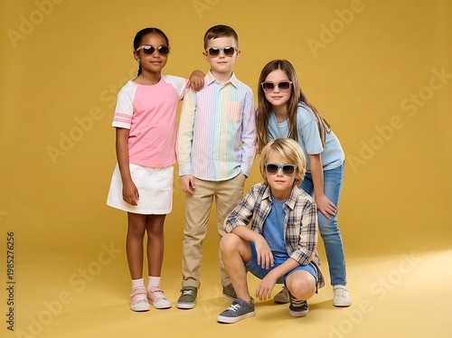 Four Stylish Children in Sunglasses Posing on Yellow Studio Backdrop