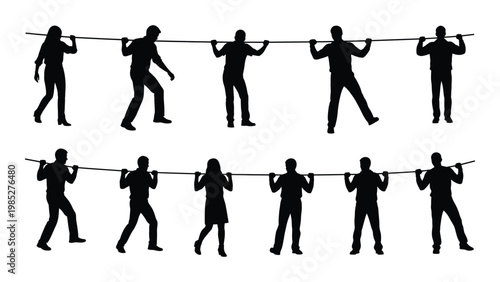 Silhouettes of people working together pulling on a rope in a unified collaborative effort high quality