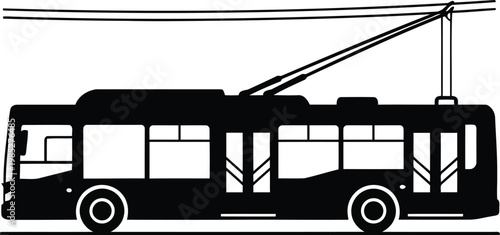 black silhouette of a modern city electric bus with overhead wires on white background