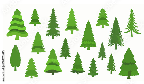 Creative pine tree collection flat vector conifer shapes forest nature illustration set